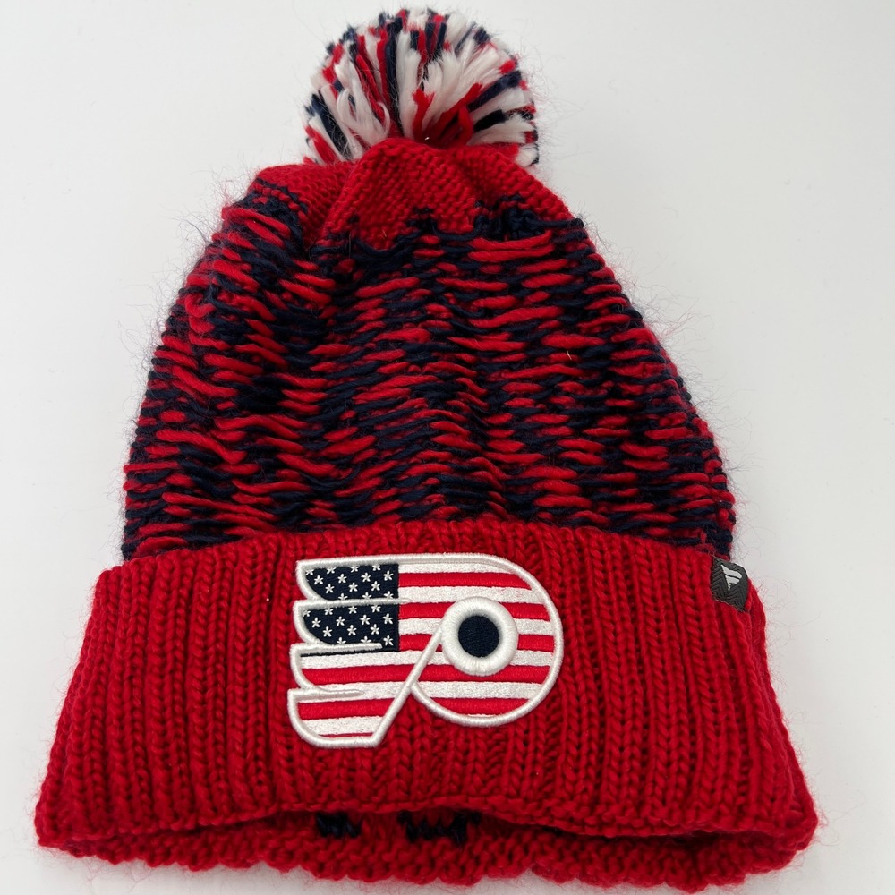 Philadelphia Flyers NHL Fanatics Knit Beanie Hat Pom Red Navy Blue American Flag
